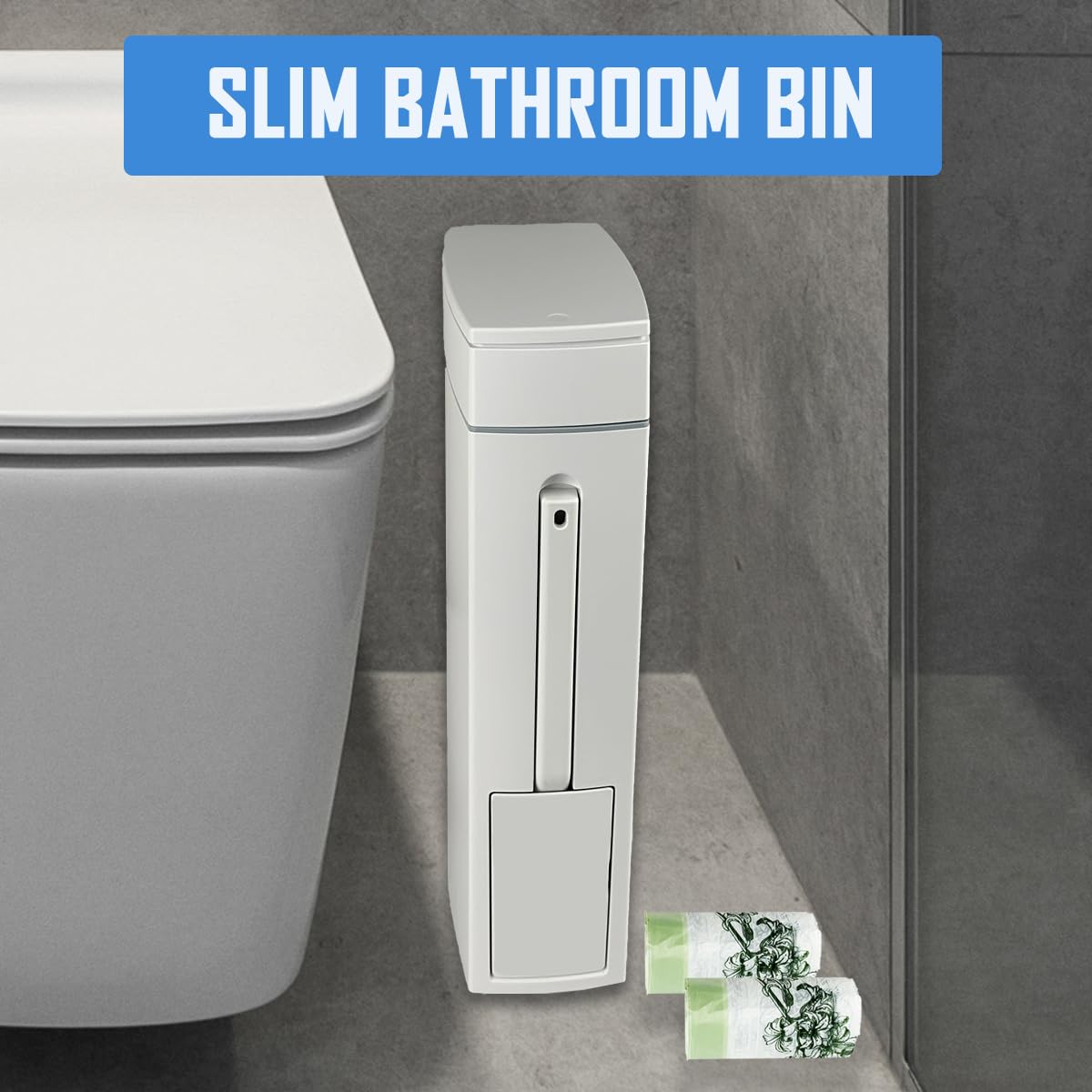 Cococheers Slim Bathroom Bin With Lid,White 4.5 Litre Toilet Bin with Lid Combined with A Toilet Brush,Comes with 60 Garbage Bags,Suitable for