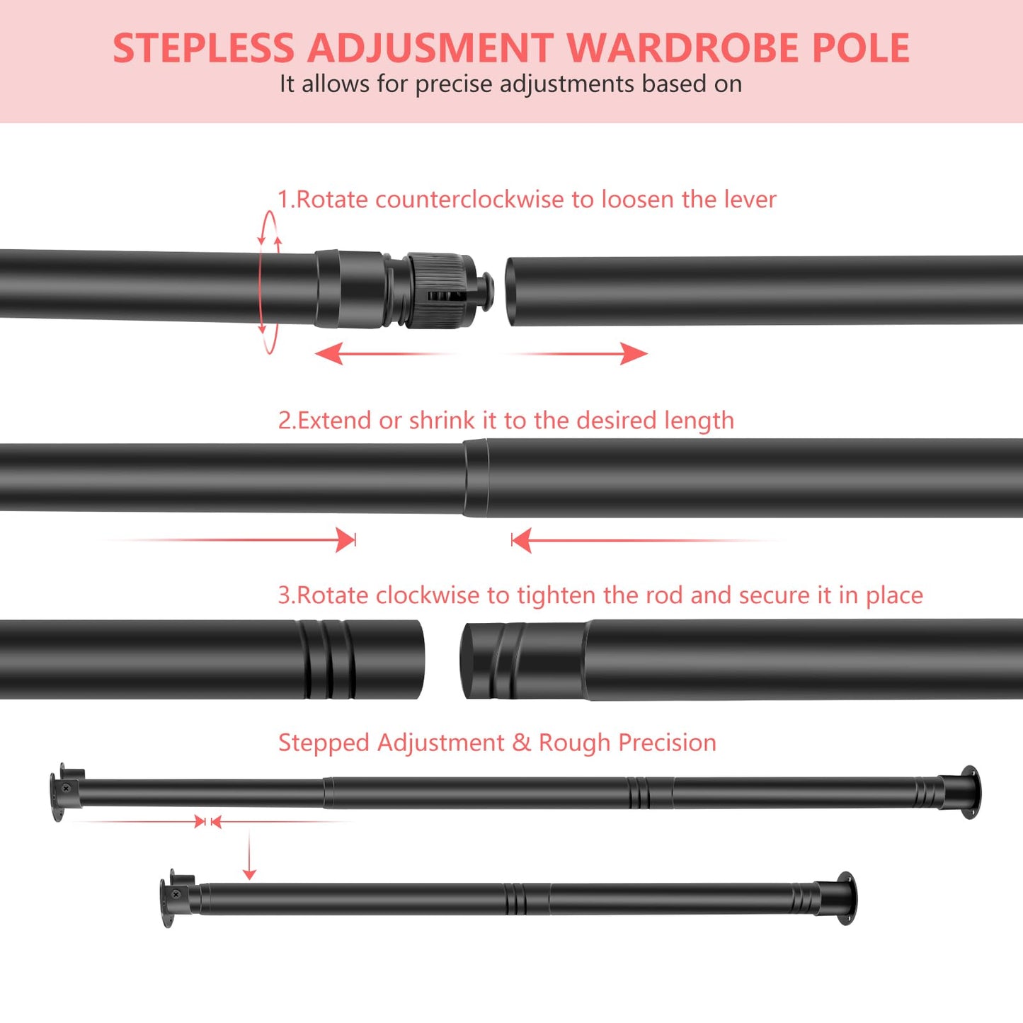 Extendable Wardrobe Pole Black 43-107cm Wardrobe Rails and Fittings 33mm Tube Diameter Stainless Steel Pole for Wardrobe with Screws and Fixing