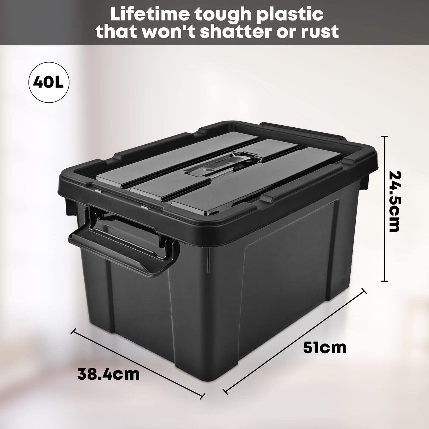 HOHAOO Storage Boxes,Set of 3 40L Heavy Duty Stackable Storage Boxes Nestable Black Plastic with Lids and Box Clip Locked for Shelves and Garage