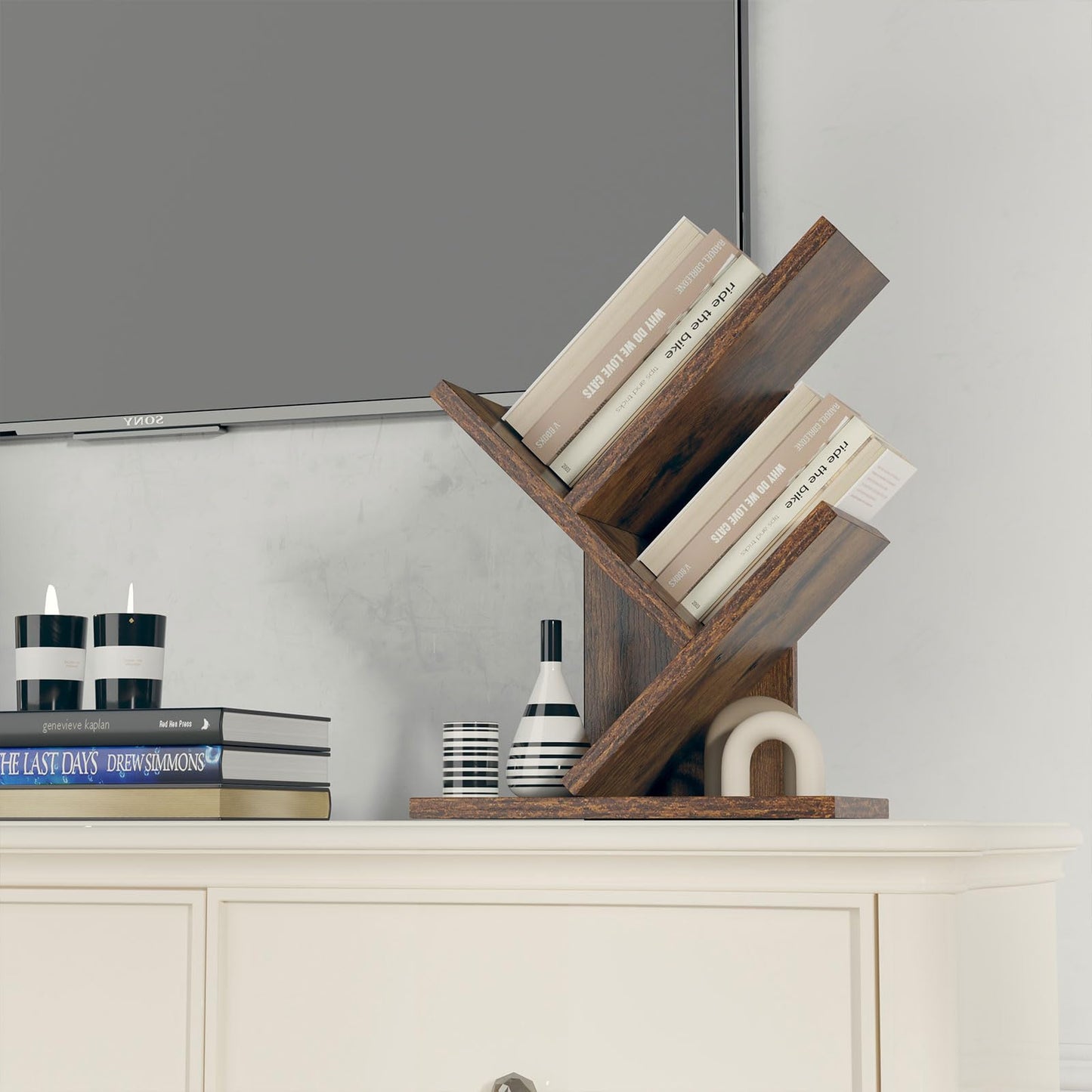 YMYNY 2 Tier Tree Bookshelf, Small Bookcase, Modern Wood Book Storage Rack Organizer, Freestanding Book Shelf for Books/Movies/CDs