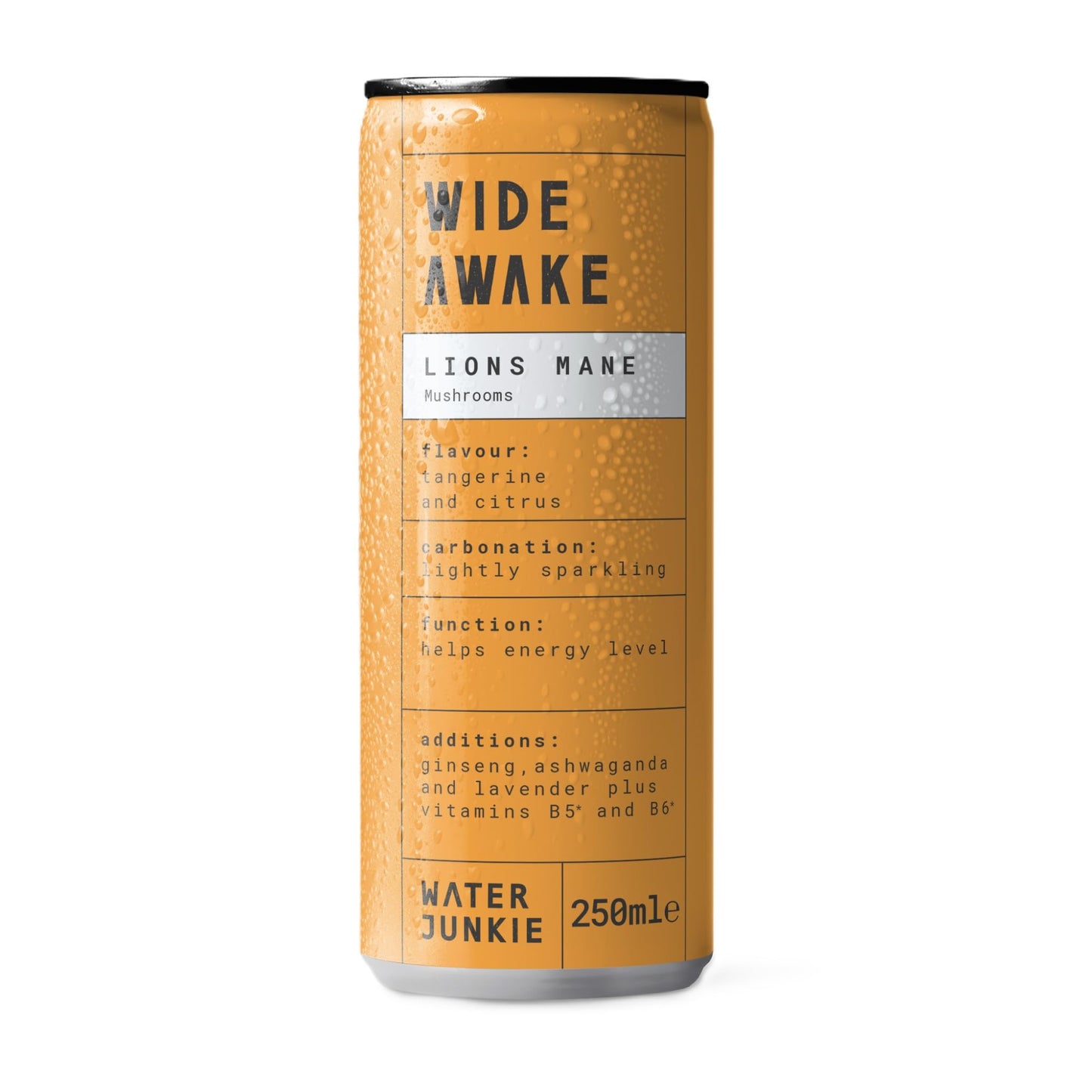 WaterJunkie WIDE AWAKE | Lions Mane Infused Sparkling Functional Mushroom Drink | Tangerine & Citrus | 12x250ml