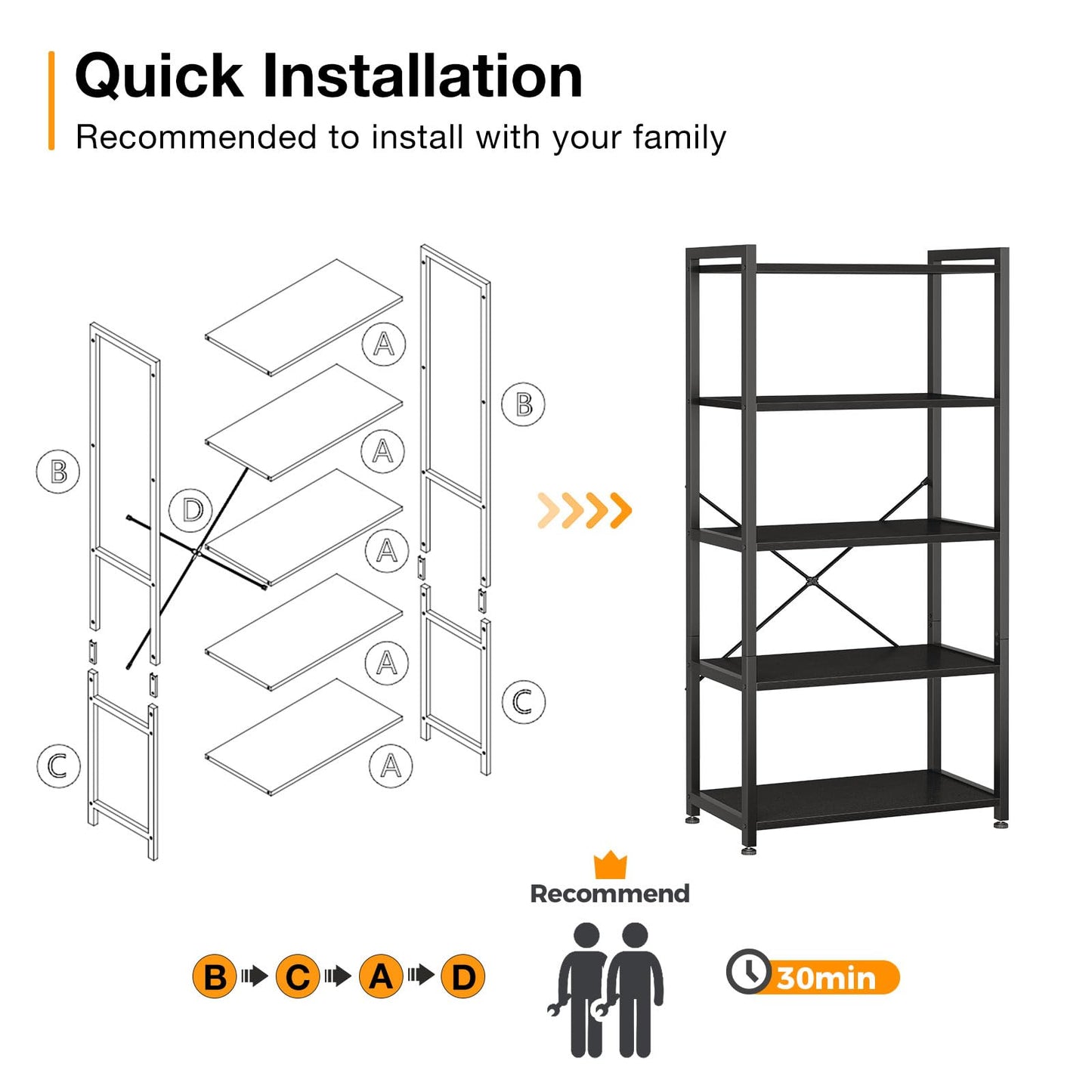 Coleshome 5-Tier Book Shelf Display Black Industrial Bookcase