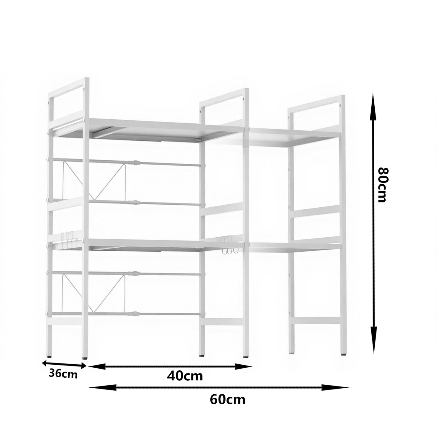 Furnestorica Retractable and Adjustable Microwave Rack, 3-Layer Microwave Shelf Made of Carbon Steel, Robust Holder with 6 Hooks