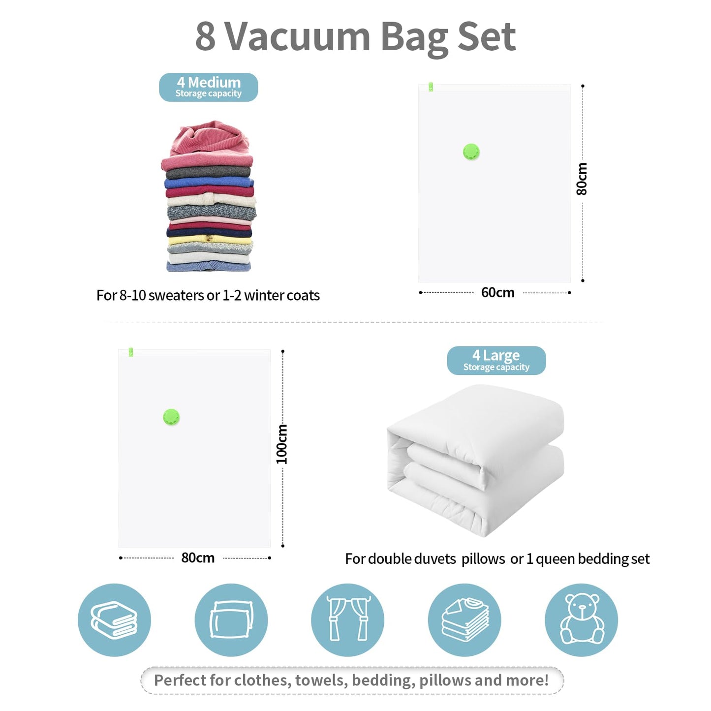HEAVY DUTY 8 VACUUM STORAGE BAGS by Gorilla Bags. 4 Large (100x80cm), 4 Medium (60x80cm). Double Zip Seal & Unique Turbo Valve Keeps Items Compressed
