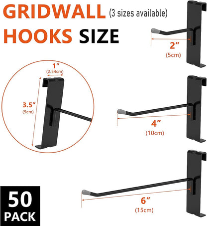 Malloom 50 Pack Gridwall Hooks, 6 Inch Gridwall Panel Hooks Metal Gridwall Hanging Hooks Hangers Black Commercial Grade Gridwall Pegs Gridwall
