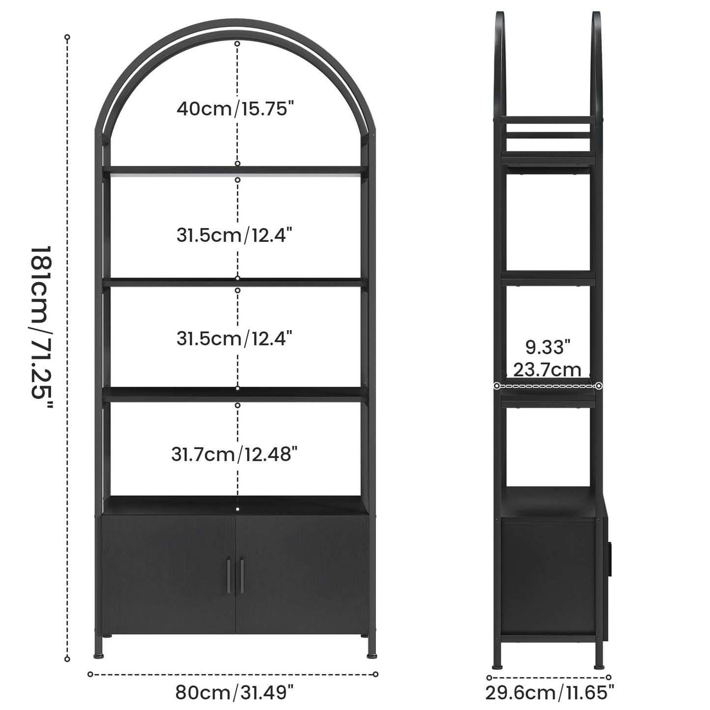 Feonase Arched Book Shelf, Bookcase with Doors Storage, 180cm Tall Bookshelf with Sturdy Metal Frame, E1 Quality Boards