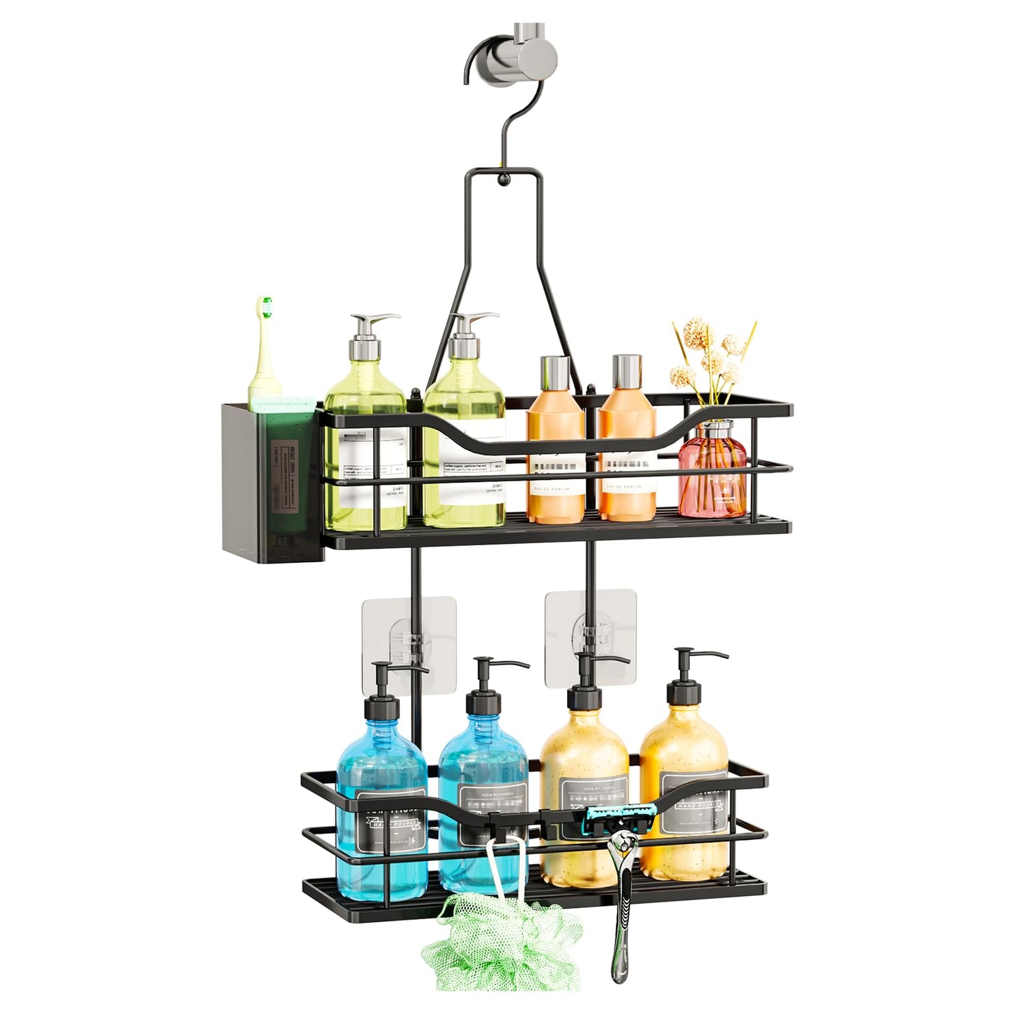 SWTYMIKI Shower Caddy Hanging Organiser-2-Tier No Drill Shower Organiser with 360° Rotating Hook