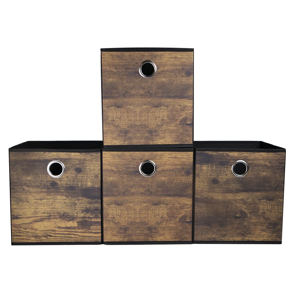 4 Pack Durable Storage Cube Box with Wood Grain,Decorative Thickened Fabric Storage Basket,Space Saving Foldable Cube Bins for Open