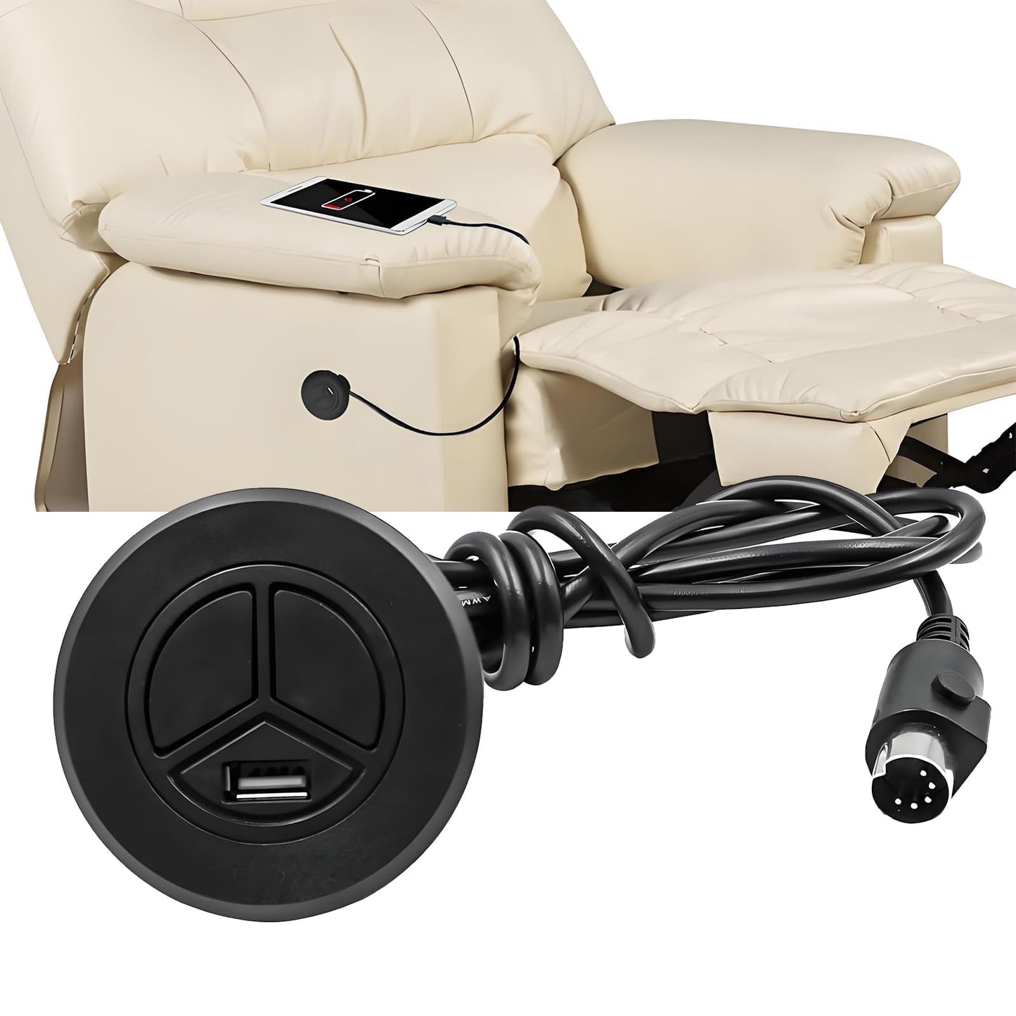Xiciki USB Recliner Chair Switch with 2 Button, Sofa USB Port Replacement & Round Hand Control, Electric Recliner Controller