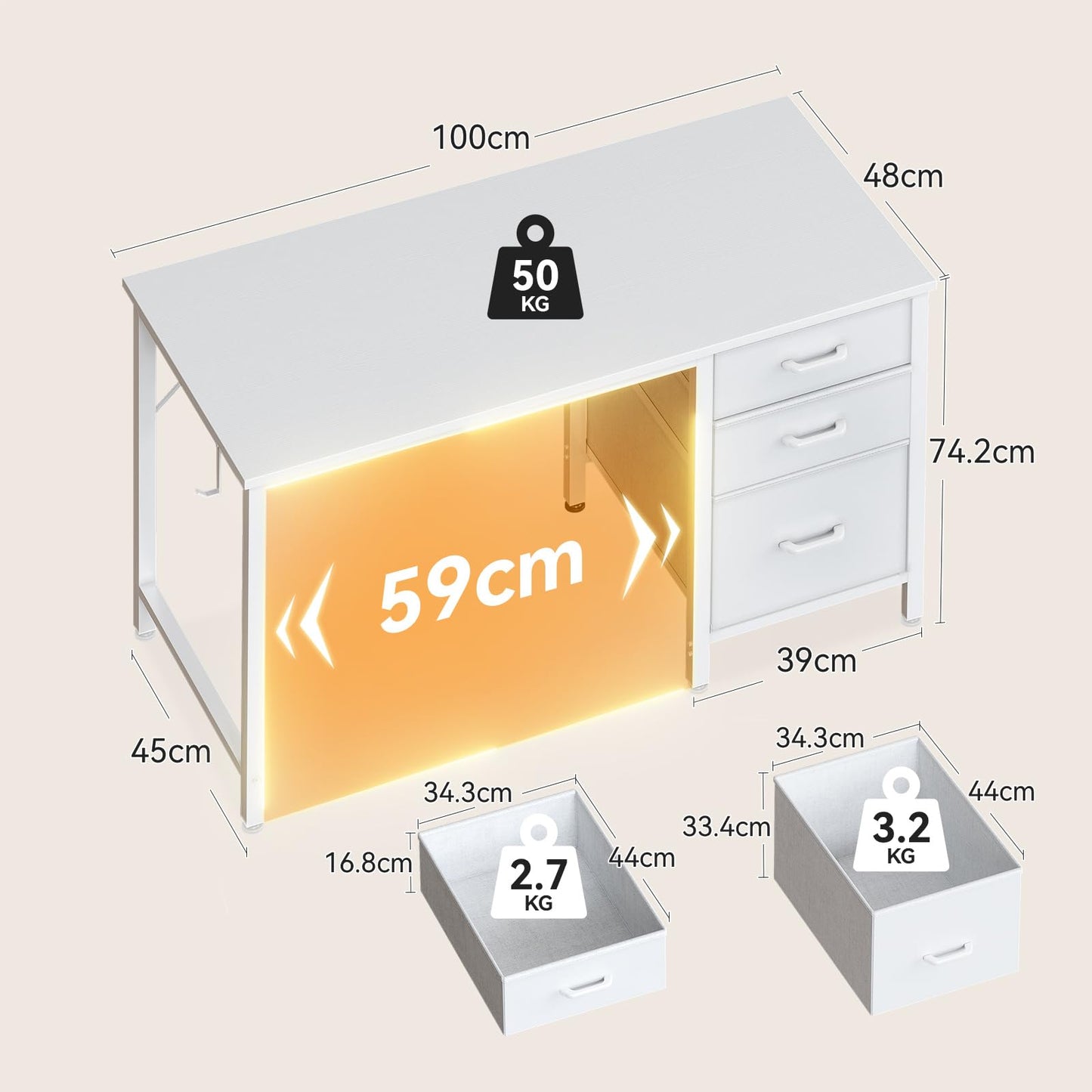 Coleshome Computer Desk with Drawers, 100cm Office Desk with Storage, White