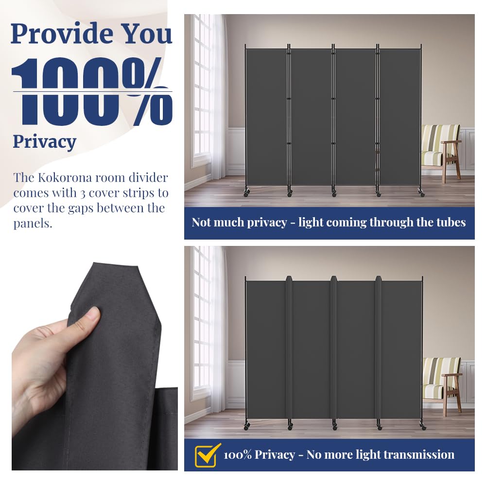 Kokorona 4 Panel Room Divider, 6FT Tall Rolling Privacy Screen with Lockable Wheels, Folding Wall Dividers Portable Room Divider for Room Separation
