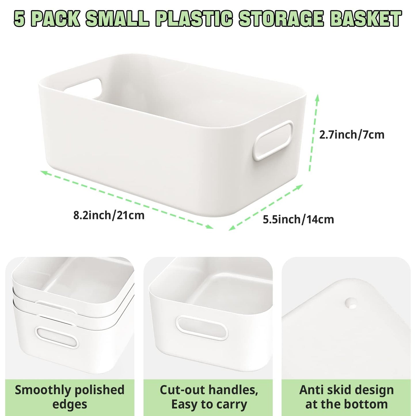 W&H 5 PCS Plastic Storage Boxes, Small Storage Baskets with Handle, Kitchen Cupboard Organiser, Plastic Baskets for Bathroom, Drawer, Shelves