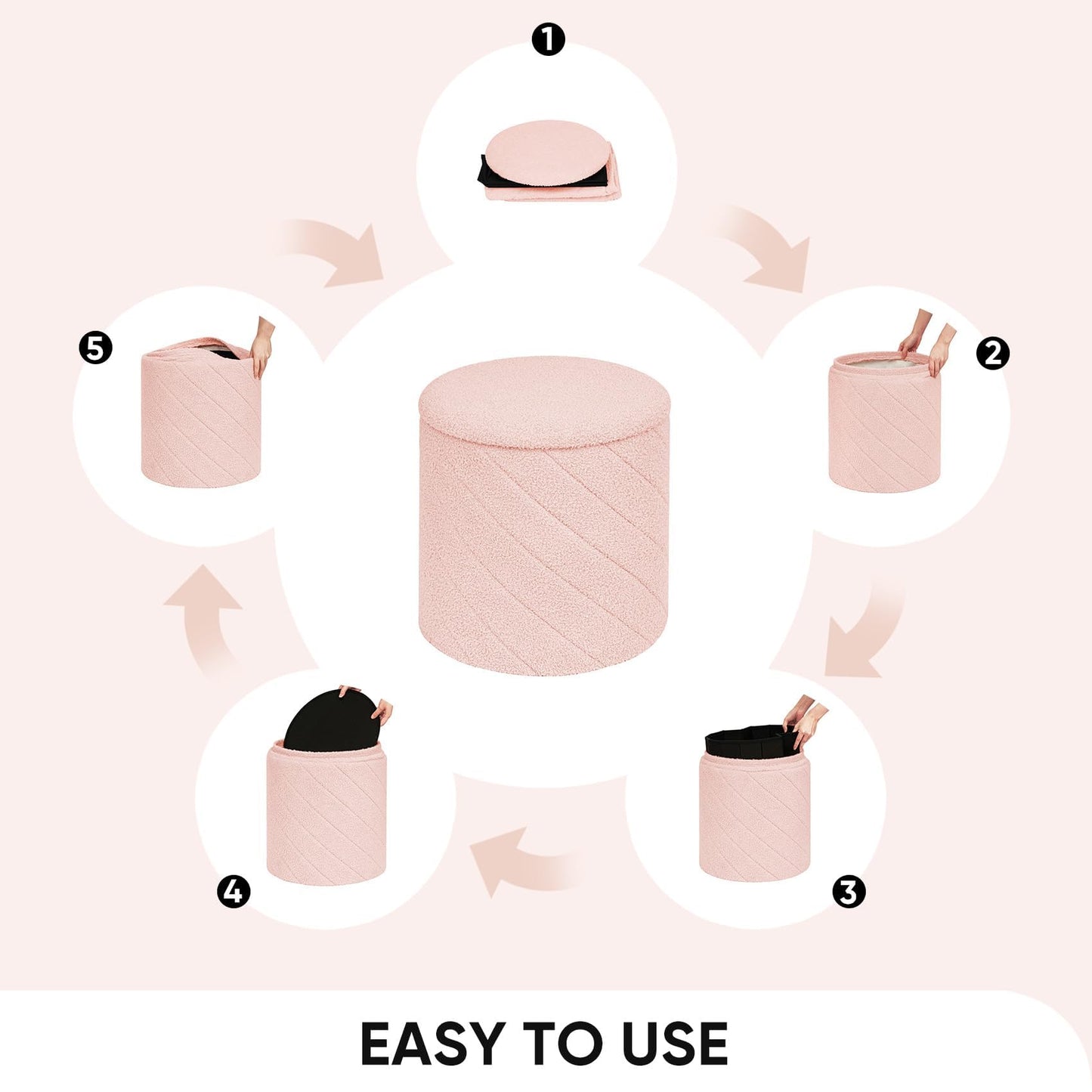 Bonlife Round Ottoman Stool with Storage, Folding Footstool with Lid,Boucle Vanity Stool for Living Room,Bedroom,Entryway,Pink,43x43x45cm