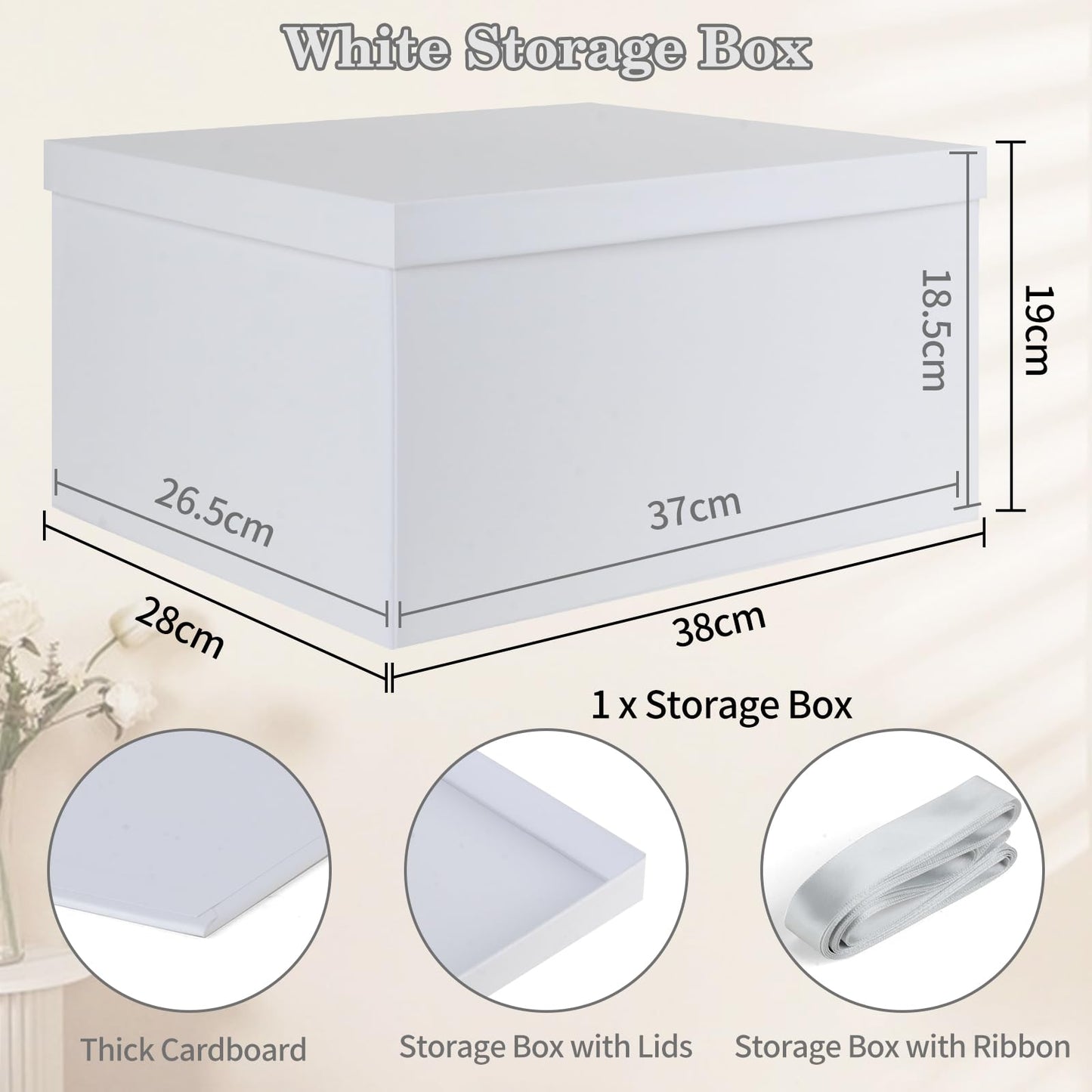 KISPATTI Storage Box, White Storage Boxes with Lids 38 x 28 x 19 cm Large Storage Box with Ribbon Cardboard Storage Boxes for Home Bedroom Living