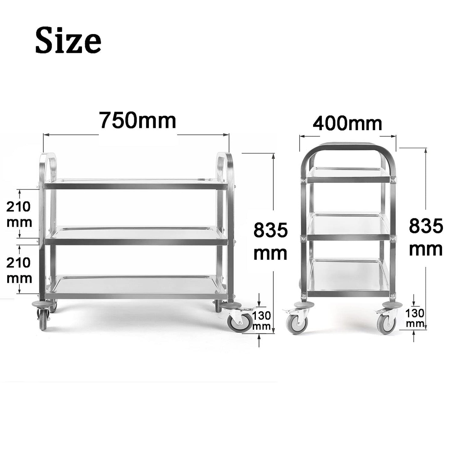 ybaymy 3 Tier Stainless Steel Trolley 750x400x835mm Kitchen Utility Cart Catering Storage Trolley with Locking Wheels for Kitchen,Hotels,Restaurants