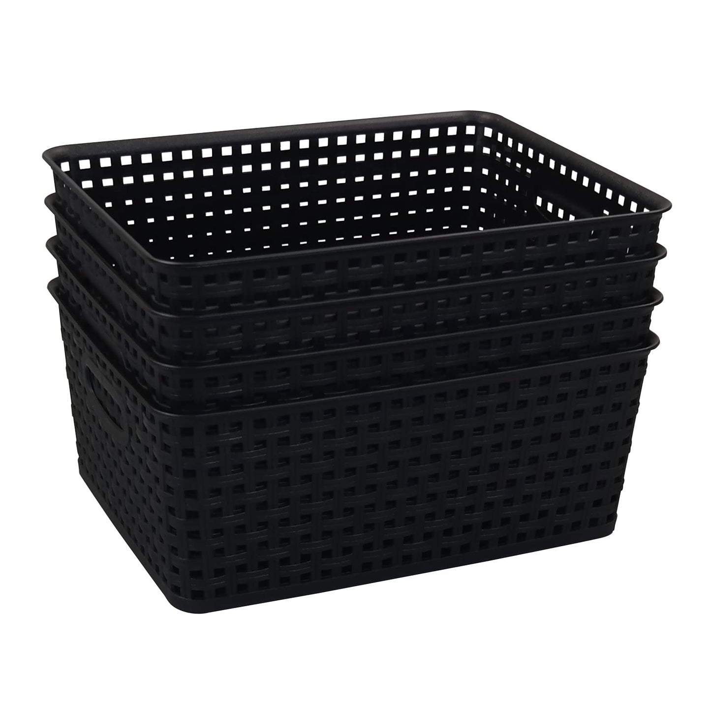 Morcte Plastic Weave Shelf Basket, 4-Pack Plastic Baskets Organizer, Black