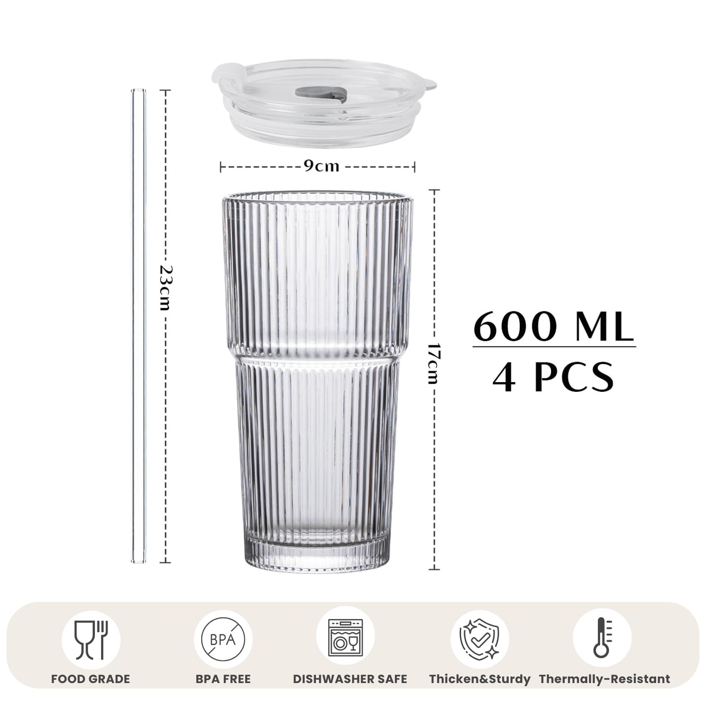 INSETLAN 600ml Ribbed Glass Tumblers with Lids and Glass Straws Set of 4, Leakproof Glass Cup with Straw and Lid, Thickened Glass, Ideal for Iced