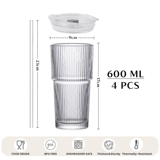 INSETLAN 600ml Ribbed Glass Tumblers with Lids and Glass Straws Set of 4, Leakproof Glass Cup with Straw and Lid, Thickened Glass, Ideal for Iced