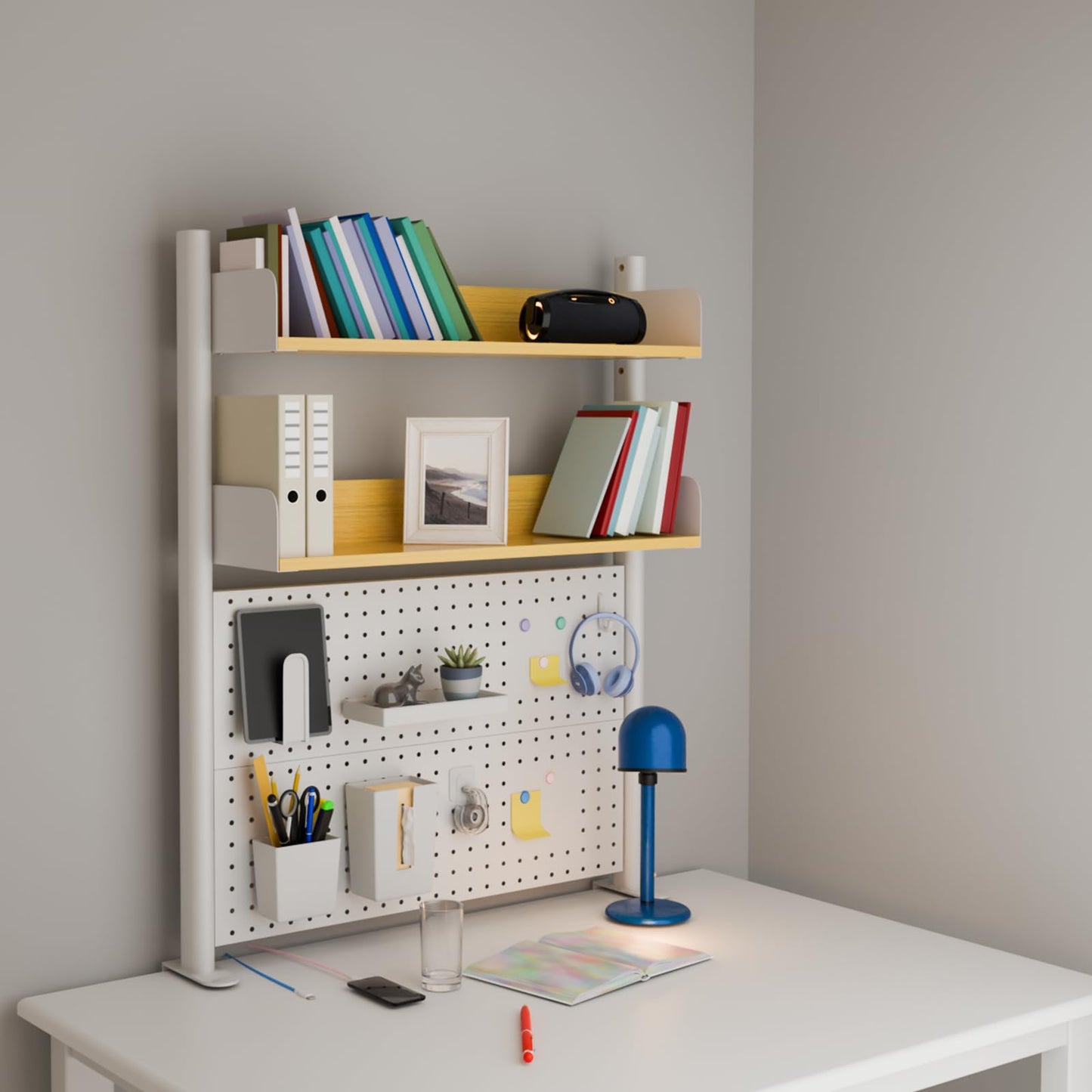 Boltmol Clamp-on 2-Tier Desk Shelf,Beige 80CM, Desktop Organizer With Pegboard, Countertop Storage Bookcase For Home, Office Or Dorm