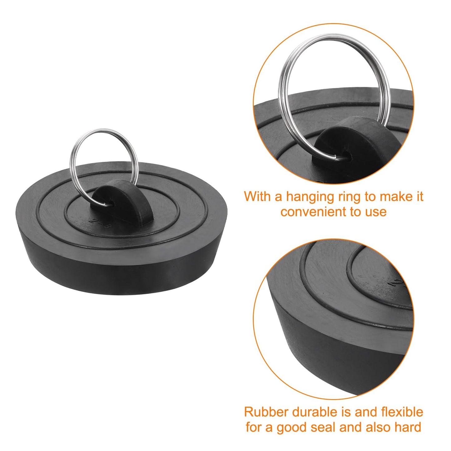 Sourcing Map 2-Pack Rubber Drain Stopper with Hanging Ring, Fits 2 Inch to 2-1/8 Inch, Black
