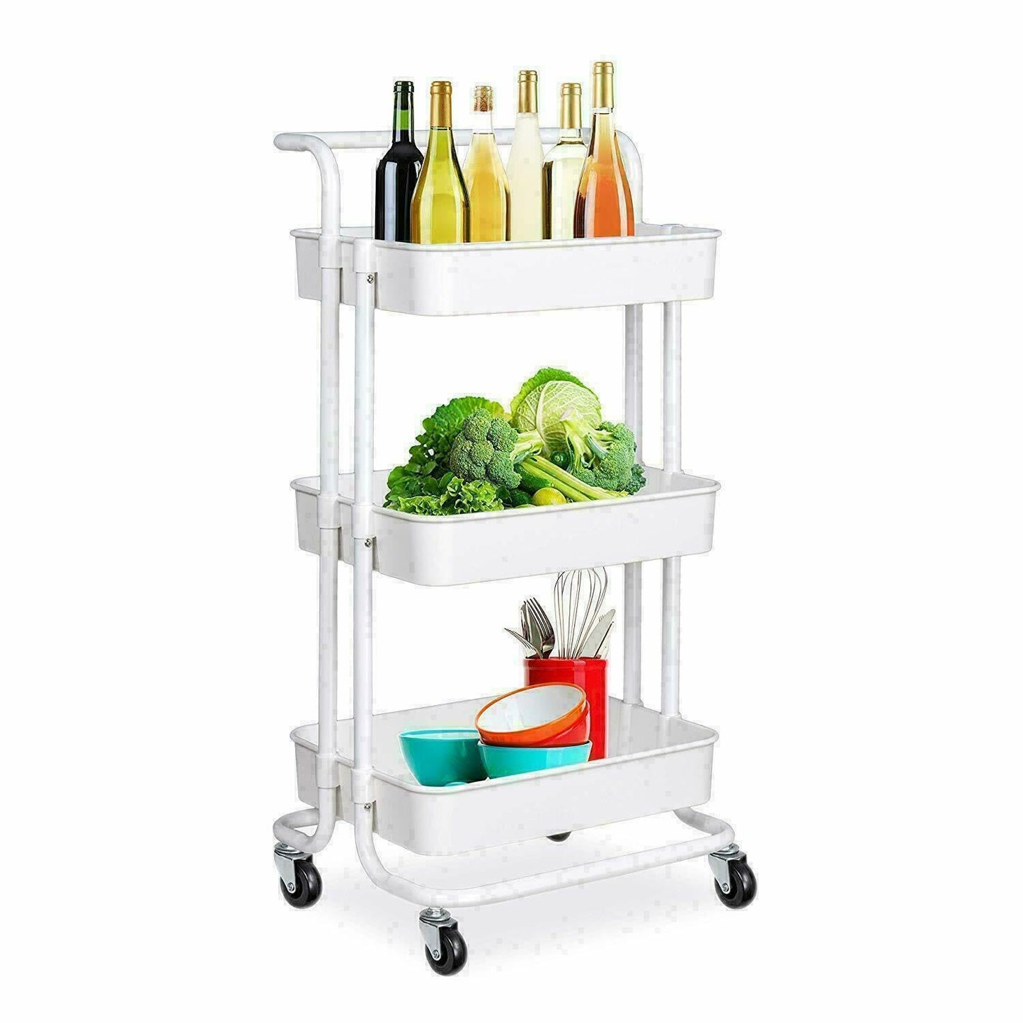 Multibao 3 Tier Storage Trolley on Wheels Cart Kitchen Utility Rolling Rack Tray Shelf for Kitchen Bathroom Laundry and Office (White)