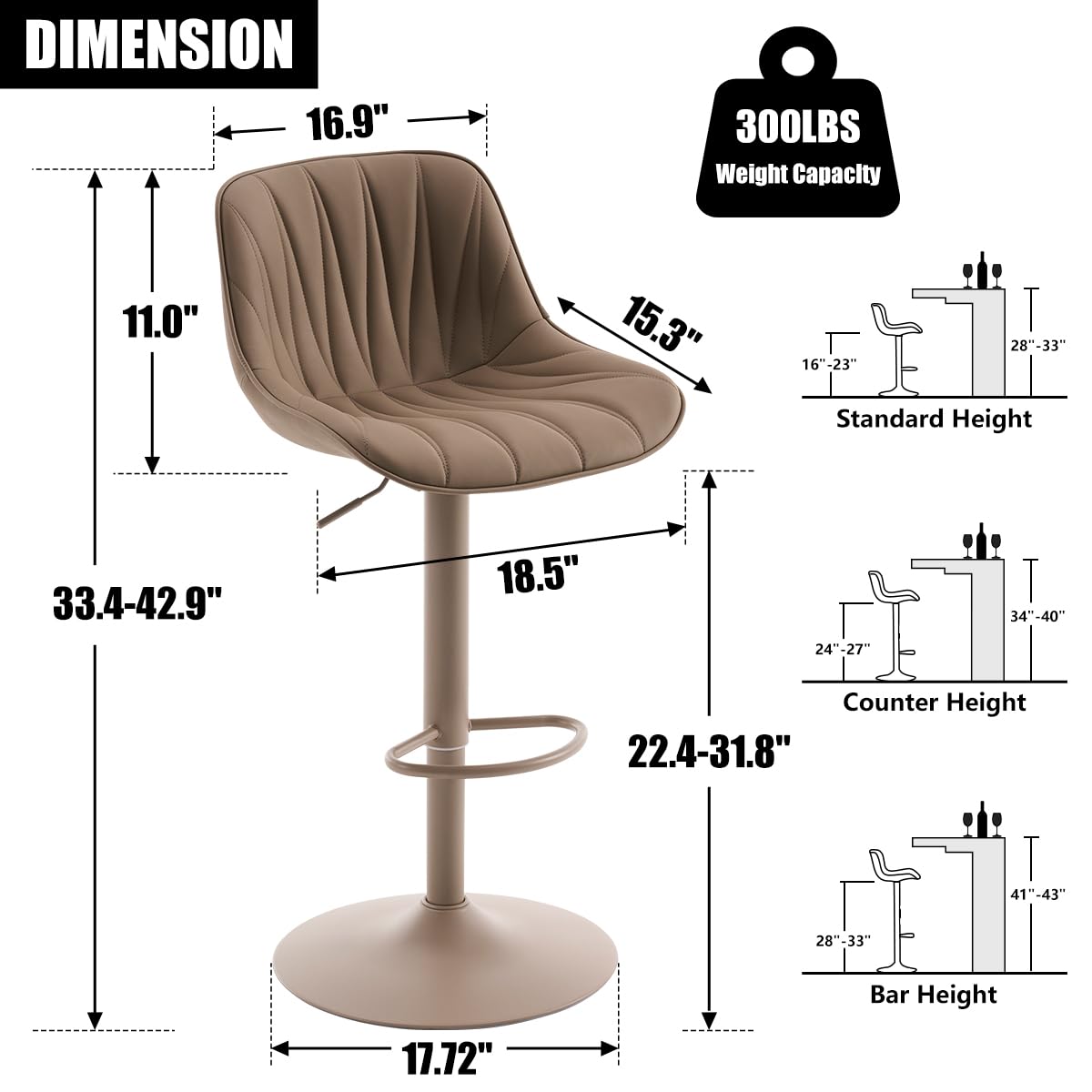 YOUNIKE Bar Stools Set of 2, Modern Upholstered Faux Leather Barstools with Back, Swivel Tall Adjustable Counter Height Bar Chairs, Entirely Khaki