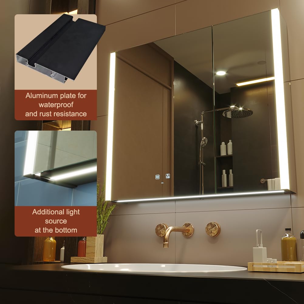KWW 80 x 70 cm Two Doors Aluminum LED Bathroom Medicine Cabinet with Mirror
