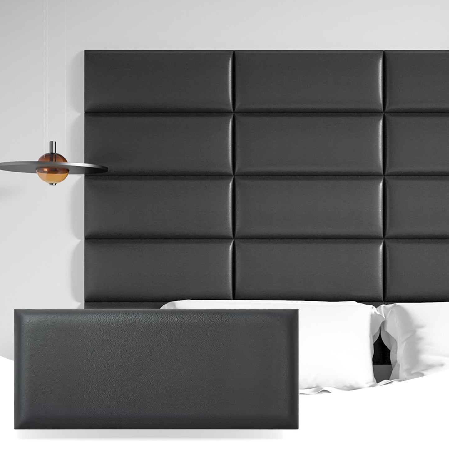 Art3d Peel and Stick Headboard for Twin in Black, Pack of 6 Panels Sized 9.84" x 23.62", Soundproof Wall Panels 3D, Upholstered Wall Panel