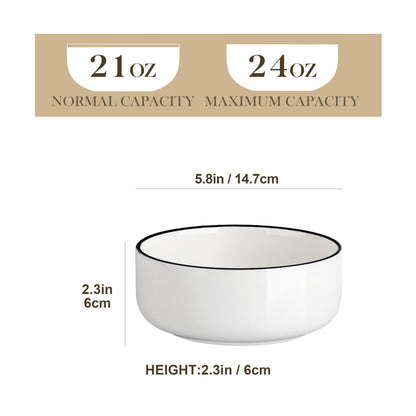 MALACASA 24 oz Cereal Bowls Set of 6 with Black Rim, Chip Resistant Premium Porcelain Salad Bowl, Ivory White Soup Bowls for Noodles, Dessert, Series