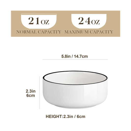 MALACASA 24 oz Cereal Bowls Set of 6 with Black Rim, Chip Resistant Premium Porcelain Salad Bowl, Ivory White Soup Bowls for Noodles, Dessert, Series