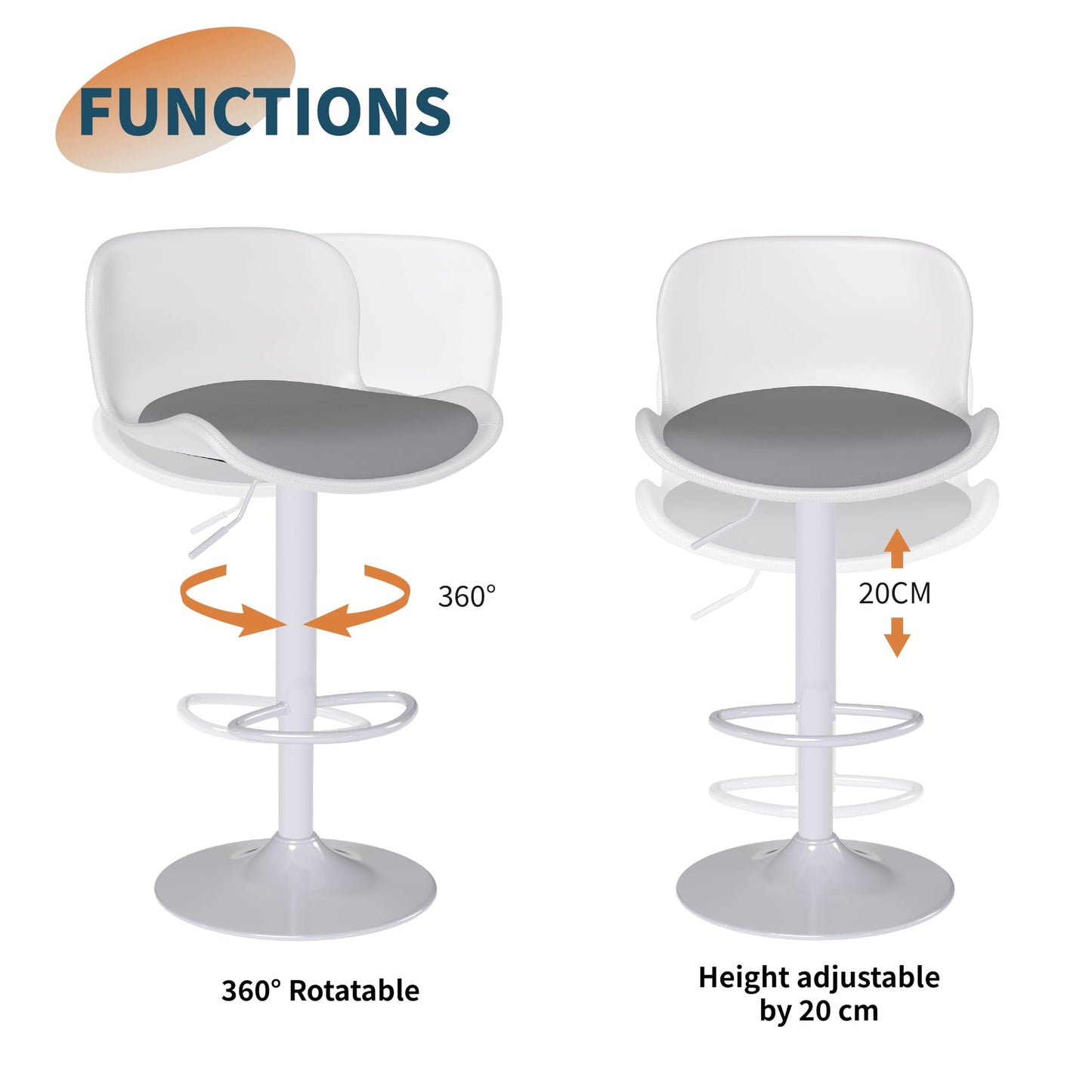 Flysky Set of 2 360° Swivel Bar Stools, Height Adjustable, White/Grey
