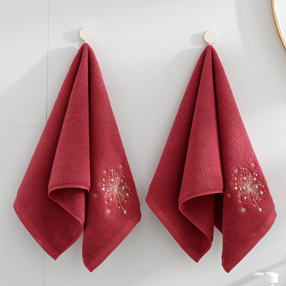 sense gnosis Celebratory Red Hand Towel Set of 2 Soft 100% Cotton Thick Absorbent Fireworks Embroidered Design Luxury Hand Towels for Bathroom Hotel