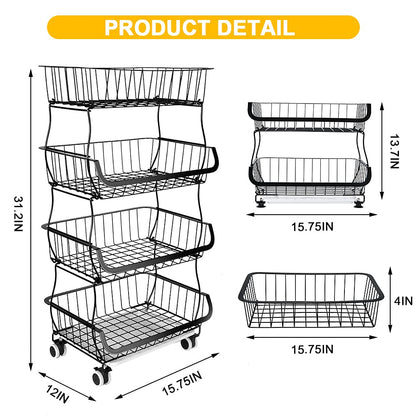 Fruit Vegetable Storage Basket Rack, 4 Tier Stackable Metal Wire Storage Baskets on Wheels, Fruit Vegetable Produce Basket Organizer Bins for Kitchen,