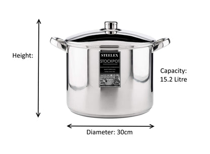 Stainless Steel Induction Stock Pot with Lid Large Deep Casserole Cooking Stockpot Mirror Polished Finish Soup Stew Home Brew Pot (30cm - 15.2 Litre)