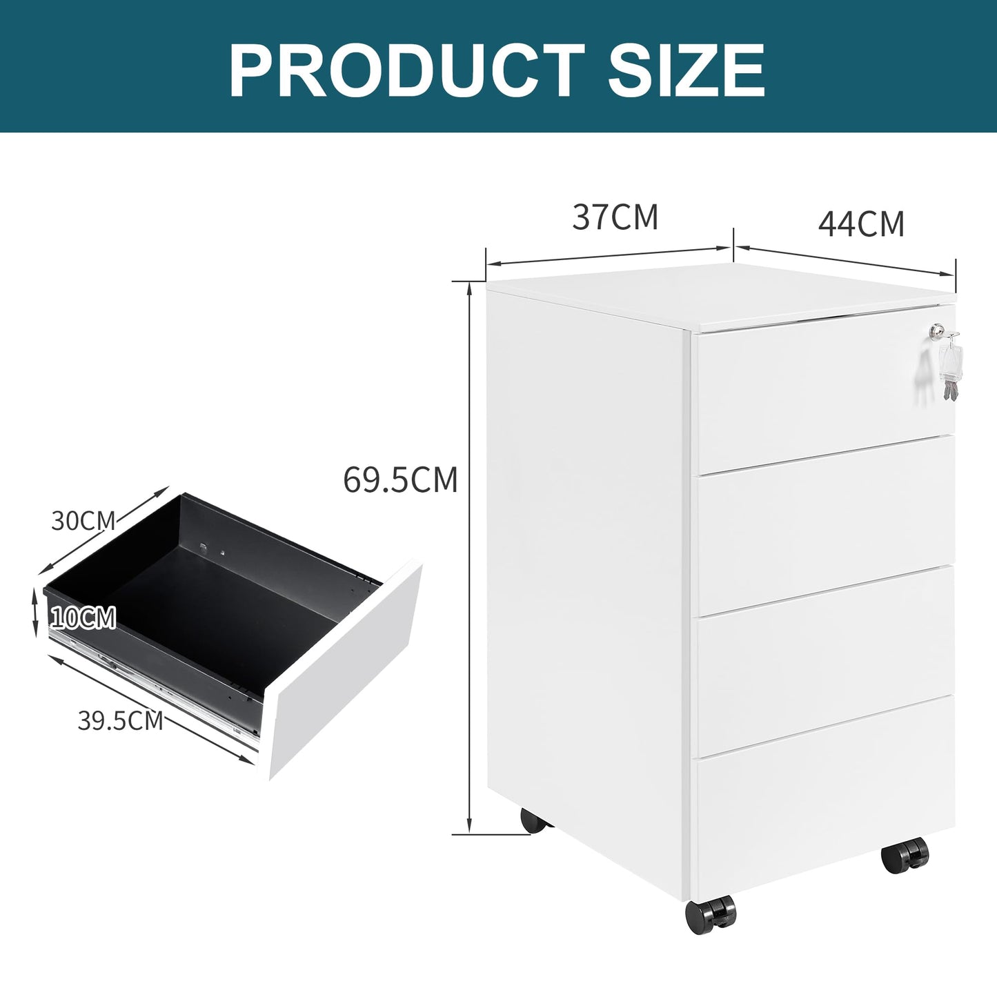 LVSTEEL 4-Drawer Mobile Filing Cabinet with Lock, Steel Office File Cabinet on Wheels, Under Desk Metal Cabinet, Fully Assembled, White, 37x44x69.5cm