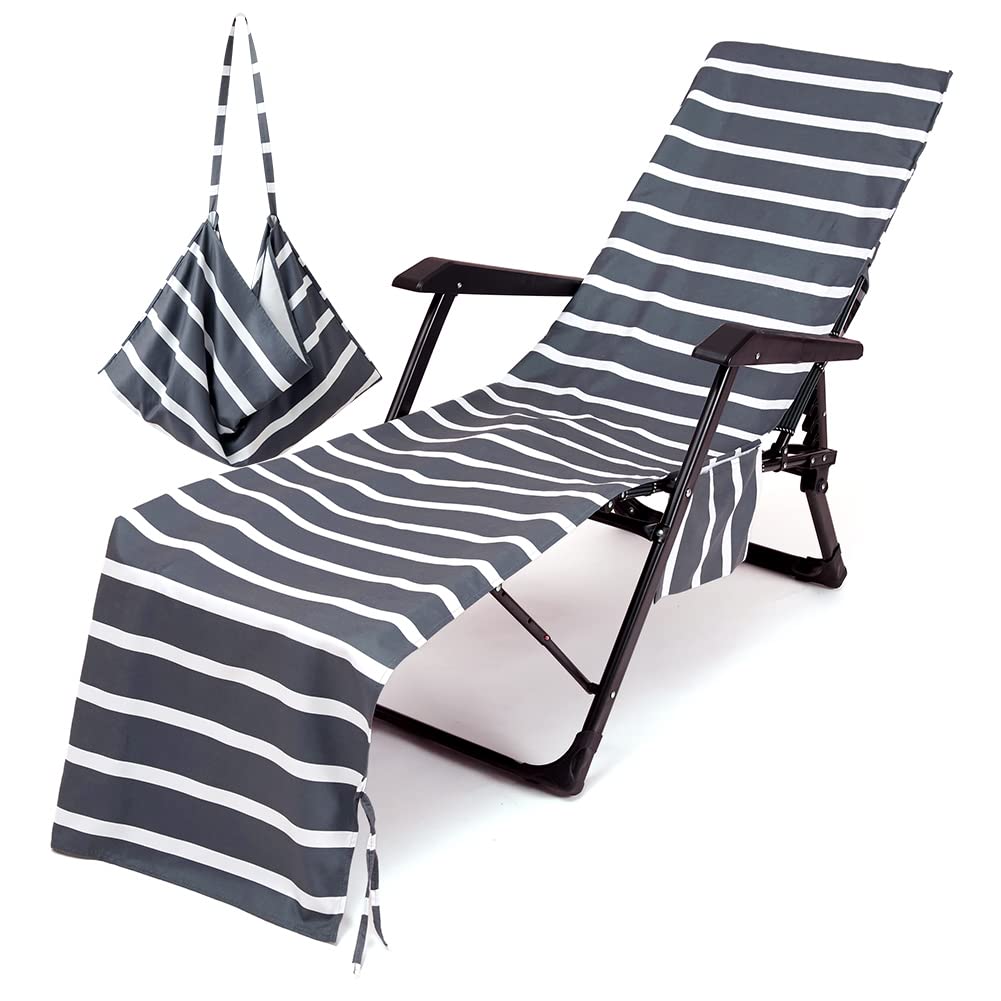Morbuy Beach Chair Cover, Solid color Striped Lounger Bags with Pockets Sunbed Towels Fitted Microfiber Sun Lounger Towels for Summer Outdoor Pool
