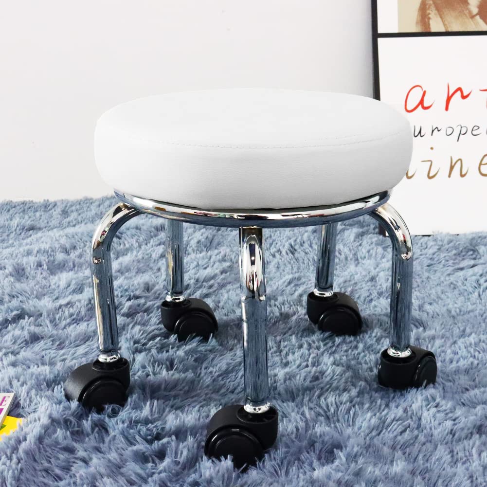 WKWKER Small Rolling Stool PU Leather Rotating Seat 360° Swivel Low Round Stool with Universal Wheels for Home Massage Garden Office Garage Shop