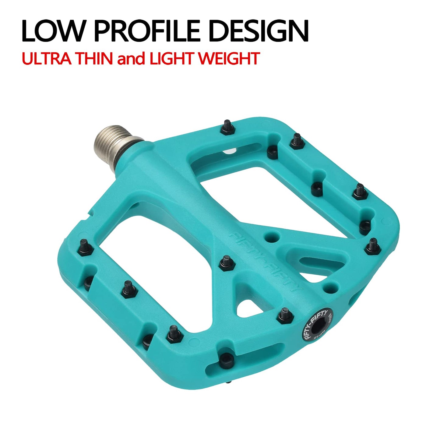 FIFTY-FIFTY Mountain Bike Pedals, Non-Slip MTB Nylon Composite, 9/16" Bicycle Pedals, Lightweight and Wide Flat Platform (Turquoise)