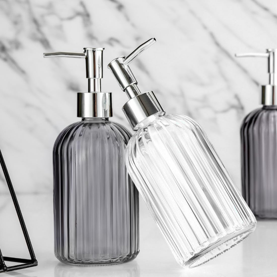 2 Pack Glass Soap Dispenser Bottle with Pump,14 Oz Clear Glass Jar Soap Liquid Hand Soap Dispenser, Refillable Liquid Hand Jar Dispenser for Bathroom