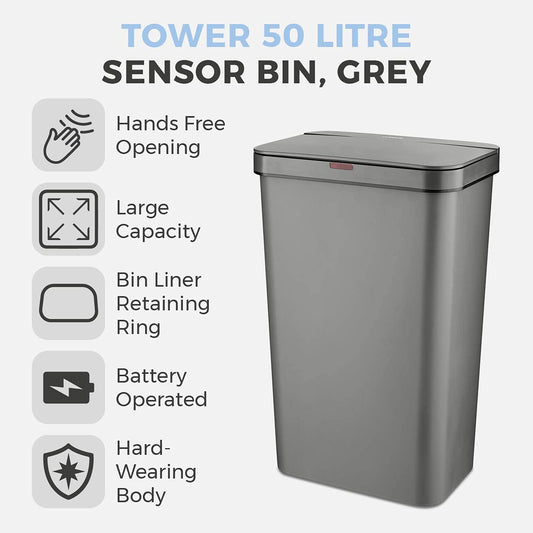 Tower T838005G Sensor Bin with Retainer Ring, Battery-Operated, 50L, Grey
