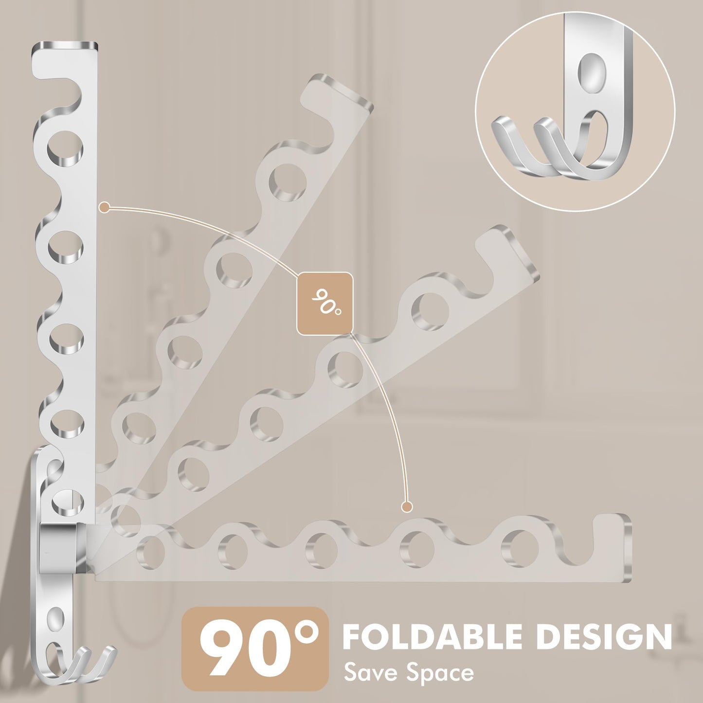 MEIJO Wall-Mounted Clothes Rack Silver, Foldable Wall Mounted Clothes Rail, 90° Rotation Heavy Duty Wall Clothing Drying Rack Wall Coat Rack for