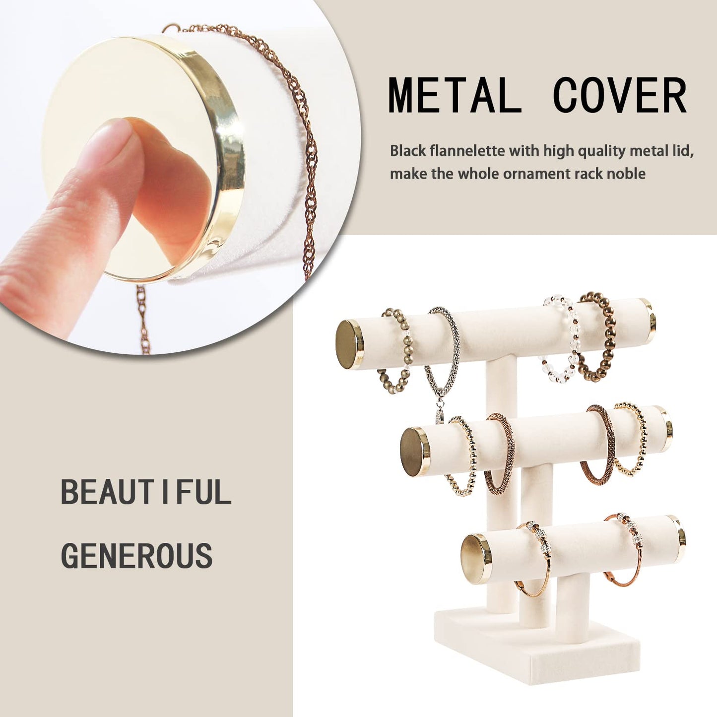 Pengup 3 Tier Bracelet Holder,Bracelet Display Stand with Metal Cap,Beige White Velvet Jewelry Organizer Displays for Necklace Scrunchies Watches