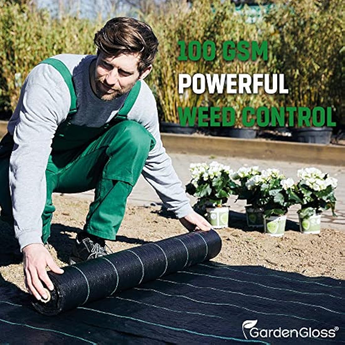 GardenGloss 10m2 Weed Control Fabric (100gsm) - Water Permeable and Tearproof Weed Barrier Fabric - Weed Control Membrane with High UV-Stabilisation (5m x 2m, folded)