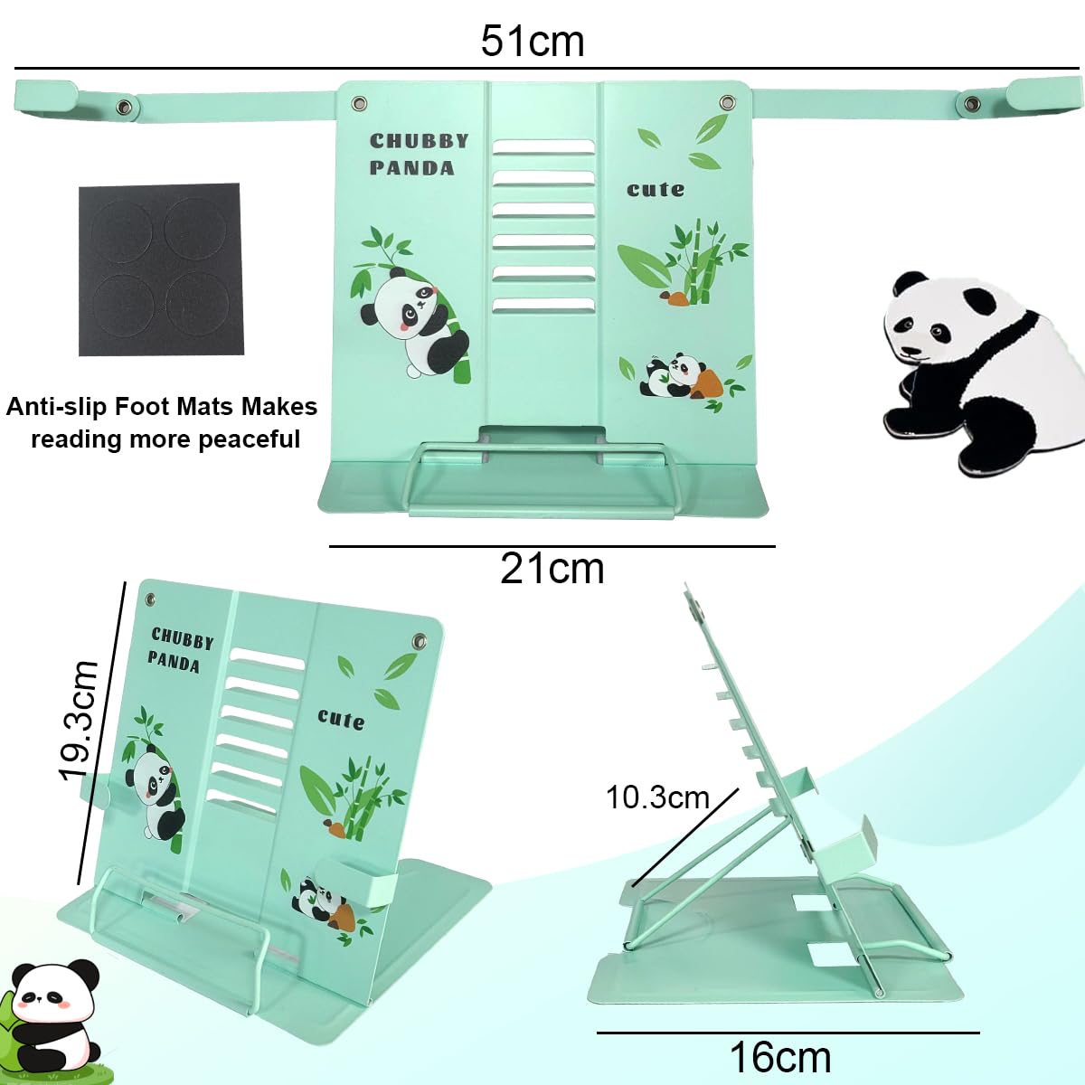 Garegce Book Stand Folding with Page Paper Clips, Cute Animal Panda Book Holder, Cookbook Stands 6-Position Adjustable Height for Reading
