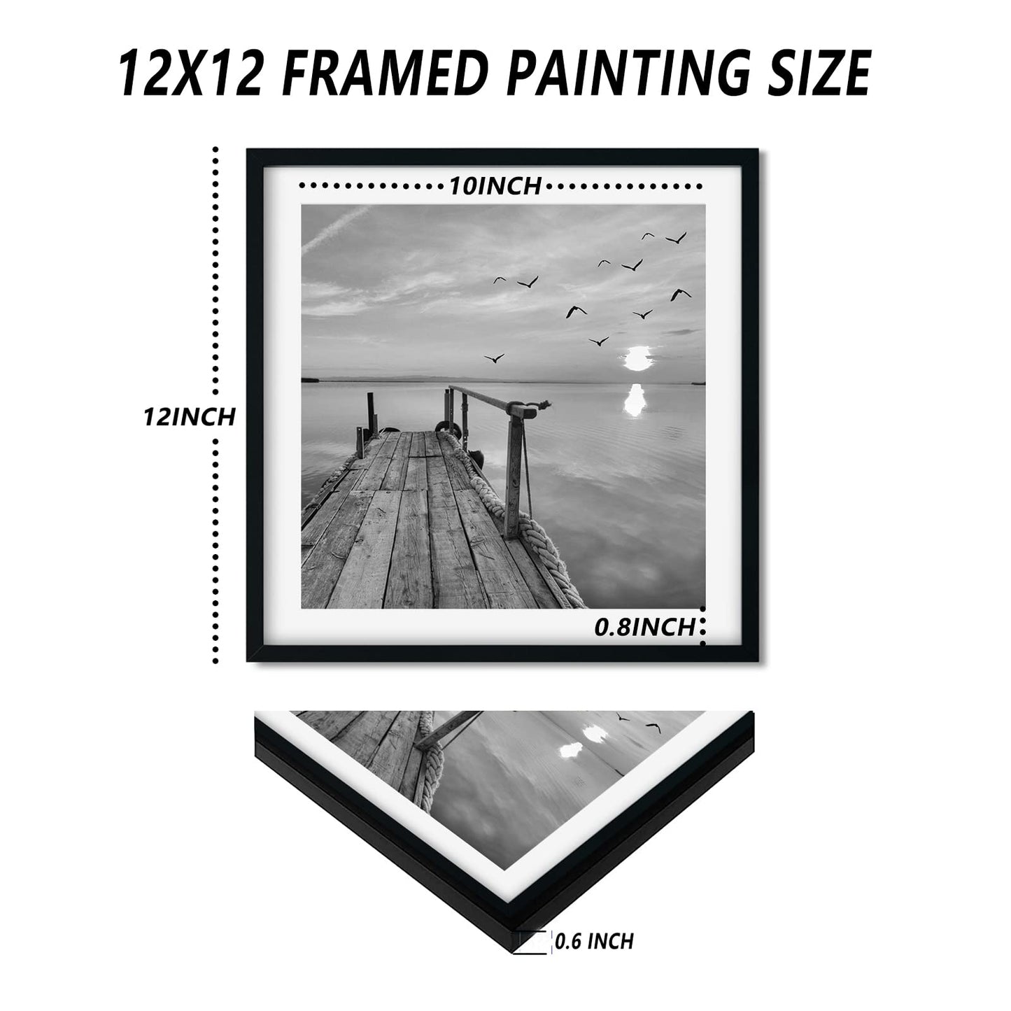 Black And White Wall Art - Sea And Beach In Sunrise Prints Wooden Framed 12x12 Inches Pictures Seascape Artwork 4PCS Boat Scenery Card Paper Paintings