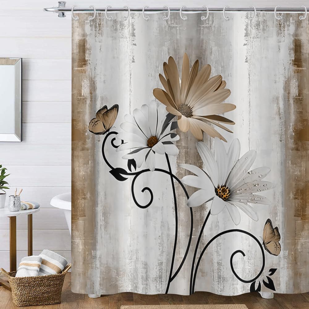 Hnmdmyi Farmhouse Floral Shower Curtain 180x200, Rustic Brown Daisy Flowers and Butterfly on Country Wooden Board Bathroom Curtains Waterproof
