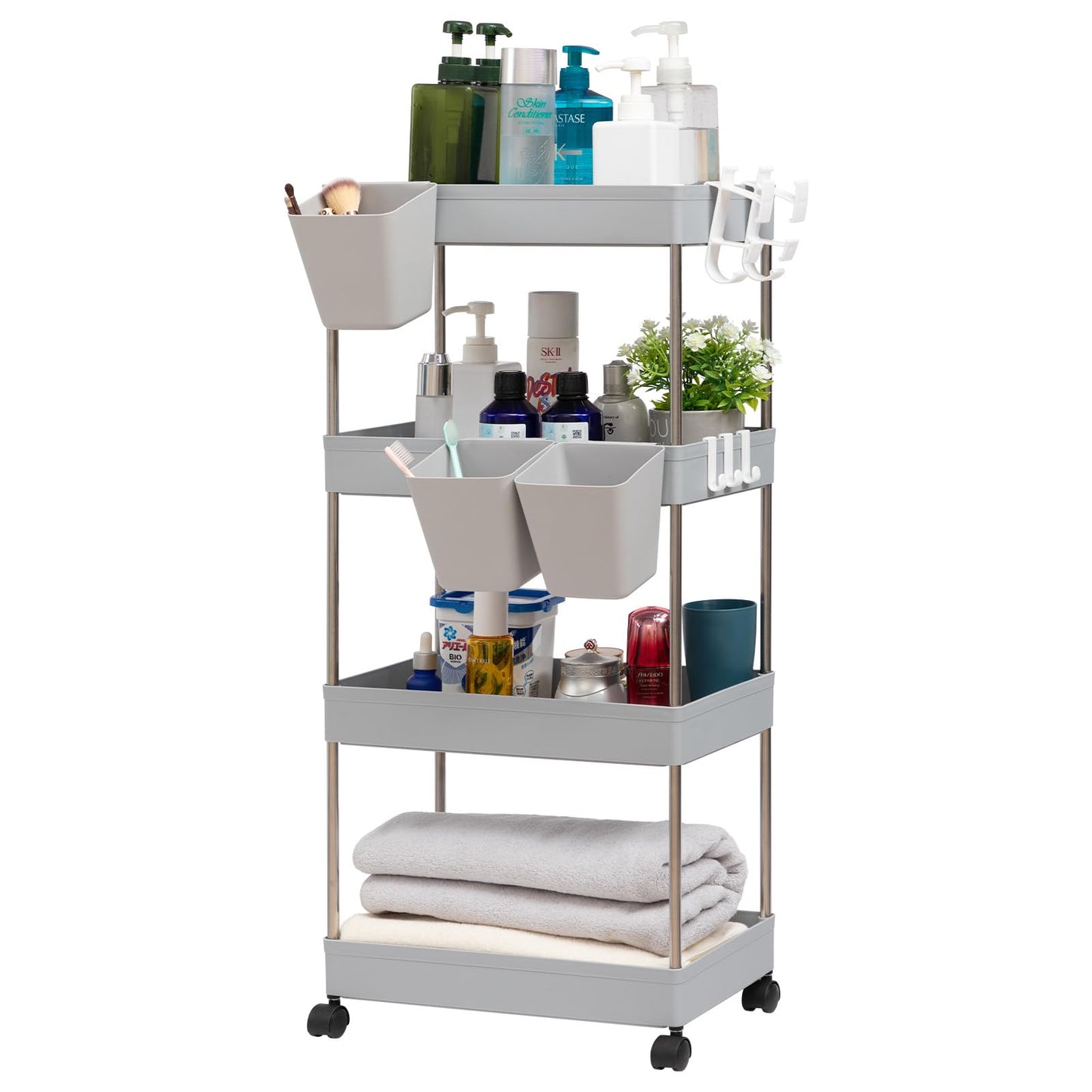 DOEWORKS Storage Trolley Cart, 4-Tier Storage Cart with Wheels Rolling Utility Cart with Hanging Cups Multi-Purpose Storage Shelf Rack for Kitchen