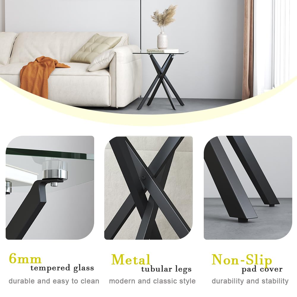GOLDFAN Glass Side Table High Gloss Small Square End Table with Tempered Glass Top and Metal Tubular Legs, Modern Table for Office and Small Space