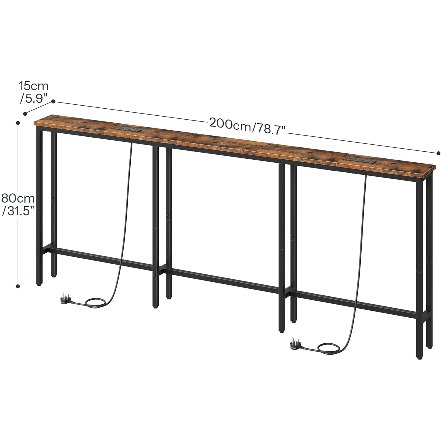 HOOBRO 200 cm Slim Console Table with 2 Charging Stations, Narrow Behind Sofa Table, Long Hallway Table with Adjustable Feet, for Hallway