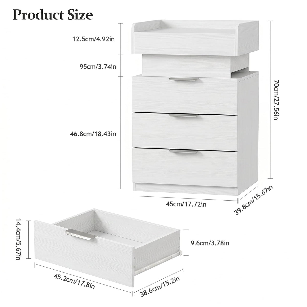 Quikraen White Bedside Table with LED, Charging Station and Lockable Drawer